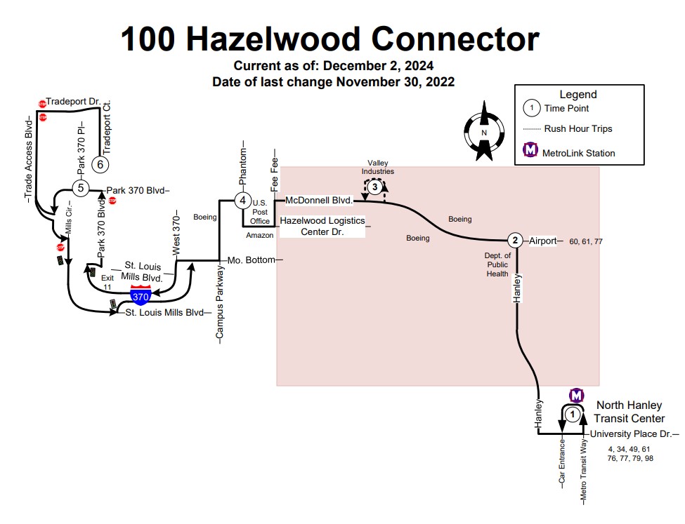 Map of #100 Hazelwood MetroBus route, effective December 2, 2024