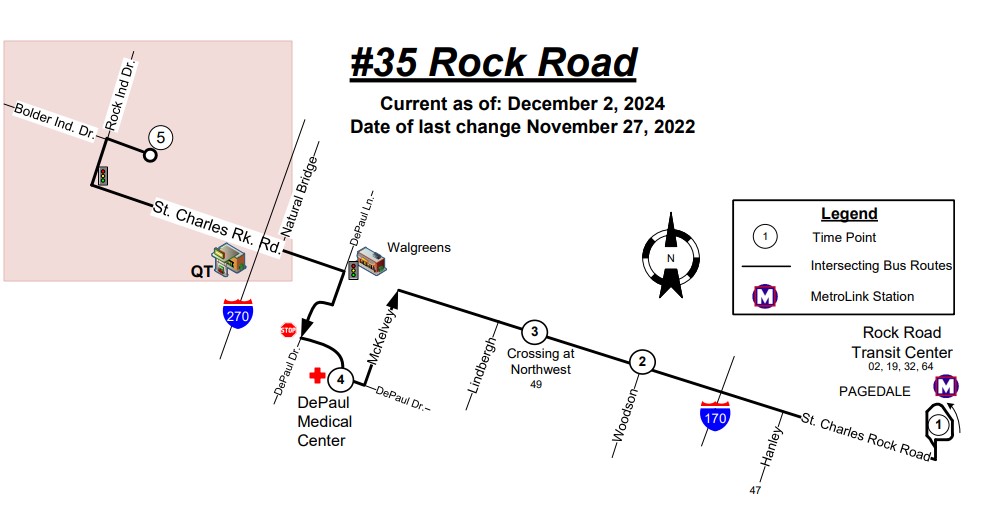 Map of #35 Rock Road MetroBus route effective December 2, 2024