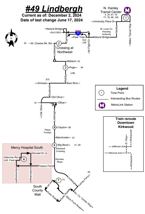 Map of #49 Lindbergh MetroBus route, effective December 2, 2024