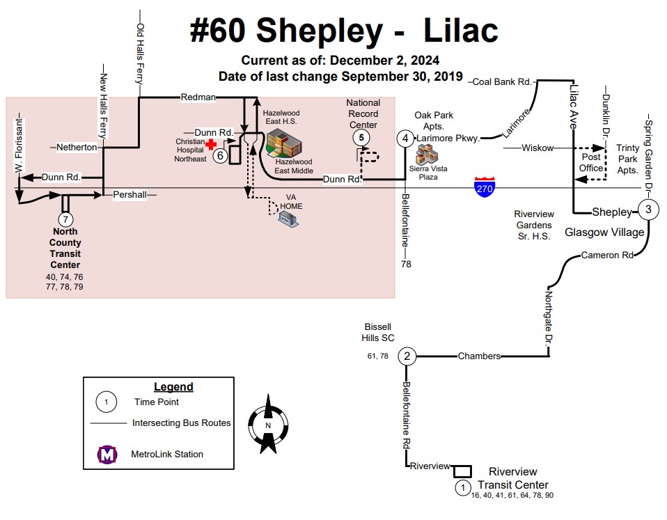 Map of #60 Shepley-Lilac MetroBus route, effective December 2, 2024