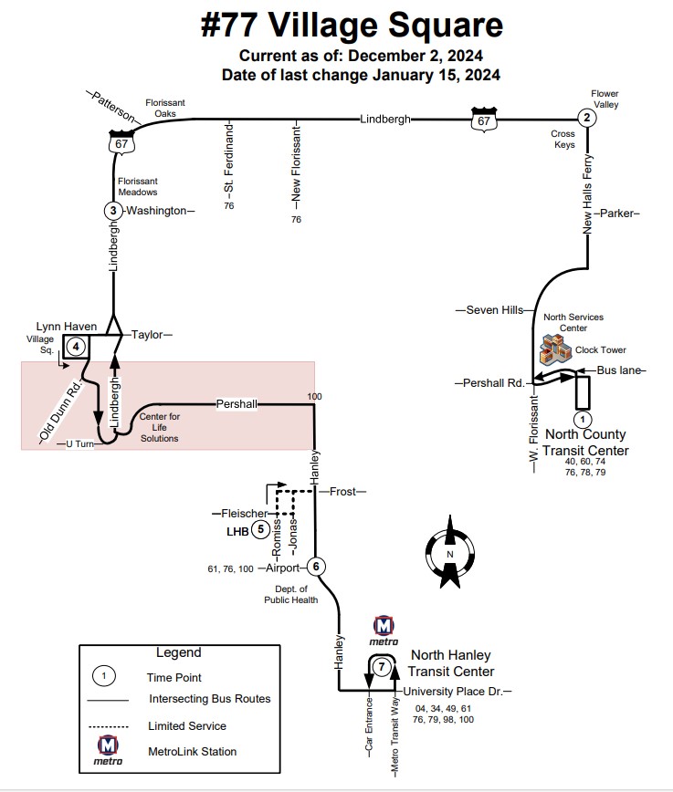 Route map for #77 Village Square MetroBus route, effective December 2, 2024