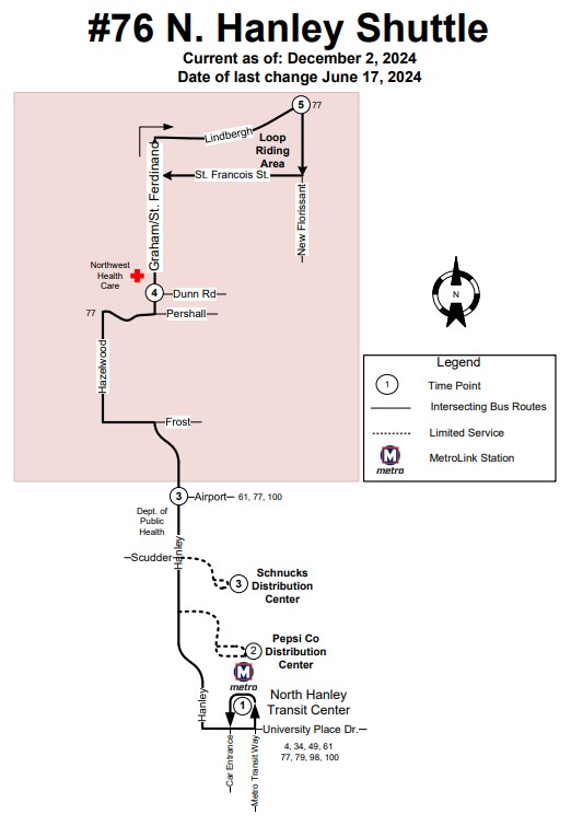 Route map for the #76 N. Hanley shuttle MetroBus route effective December 2, 2024