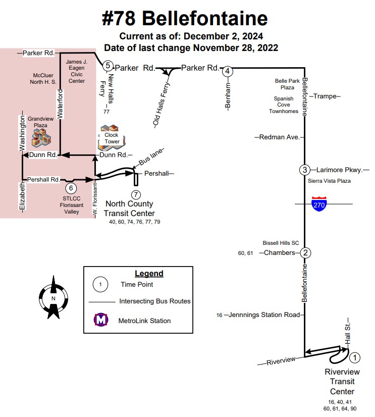 Map of #78 Bellefontaine MetroBus route, effective December 2, 2024