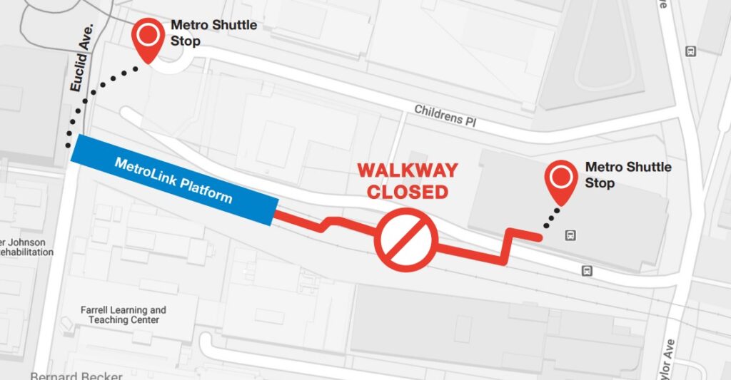 Map showing the closed walkway at Central West End Station and where shuttle stops are located