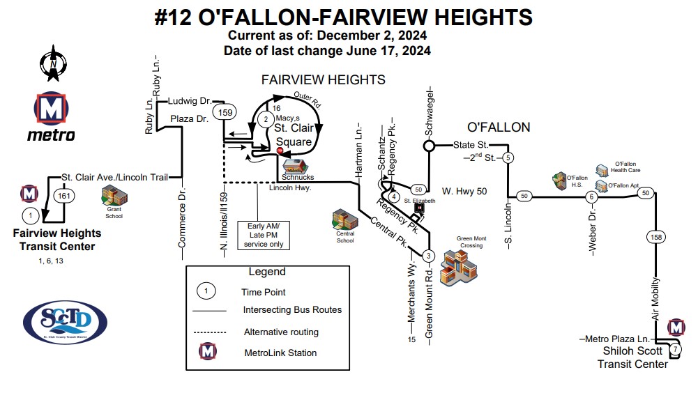 Map of #12 O'Fallon-Fairview Heights MetroBus route, effective December 2, 2024