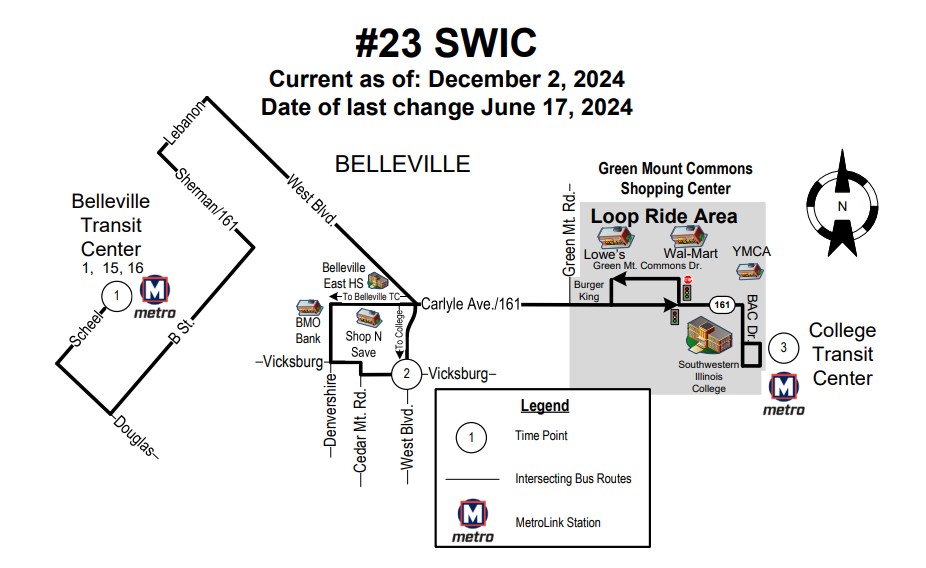 Route map for the #23 SWIC MetroBus route, effective December 2, 2024