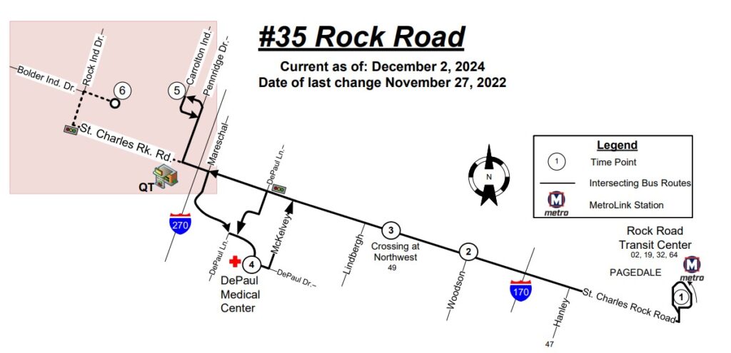 Route map for #35 Rock Road MetroBus route effective December 2, 2024