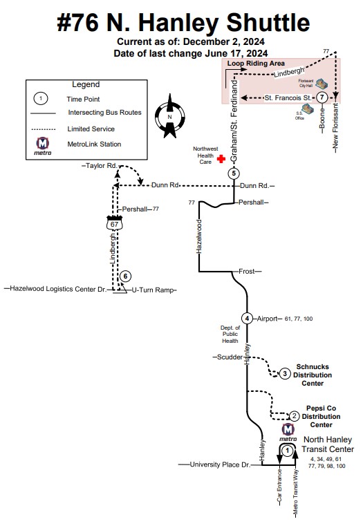 Map of #76 N. Hanley Shuttle MetroBus route effective December 2, 2024