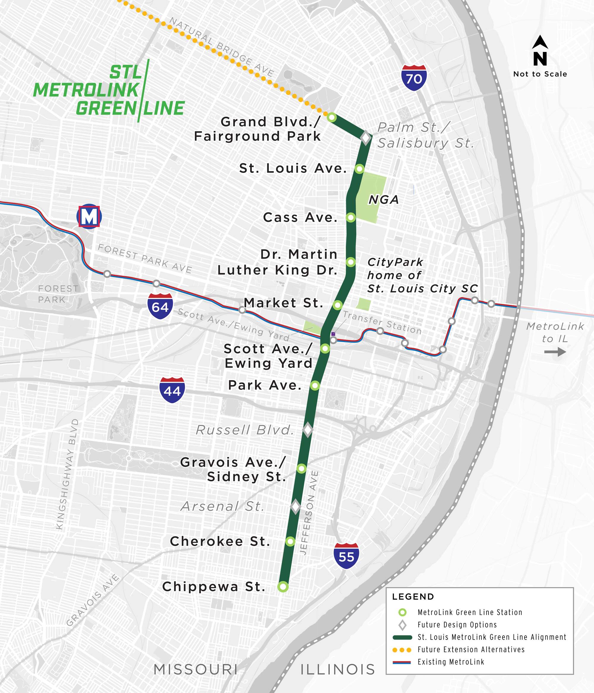 Detailed map showing planned route alignment for the future MetroLink Green Line. 10 Stops are highlighted along the route, and another 3 possible future stops along the route are indicated as well. The route is north-south, running along Jefferson from Chippewa up to Natural Bridge in the north, before turning west for its final stop, Natural Bridge at Grand Blvd.