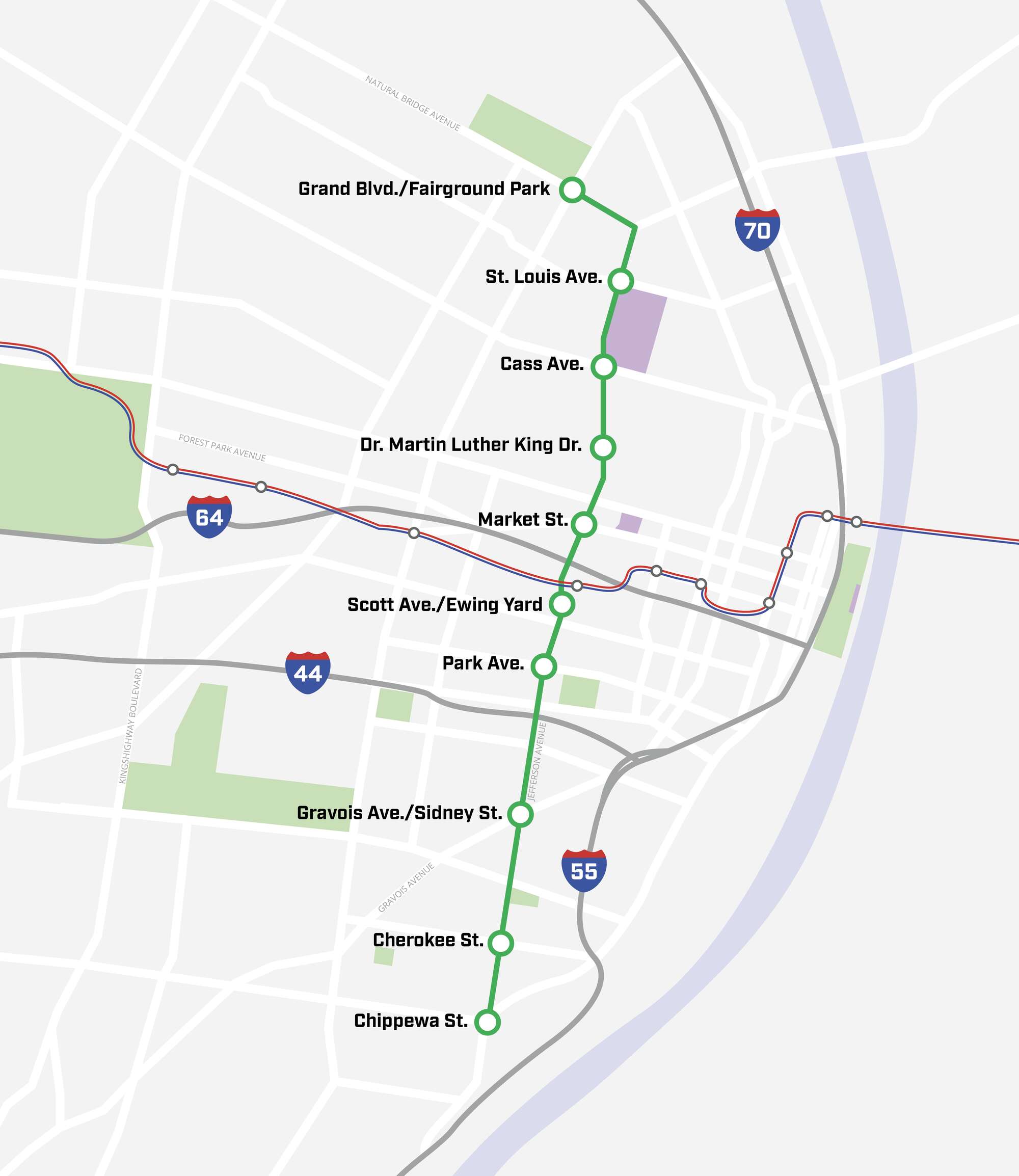 Map showing route alignment for the future MetroLink Green Line. 10 Stops are highlighted along the route, which runs north-south from Natural Bridge at Grand Blvd, then along Jefferson all the way to Chippewa Street to the south.