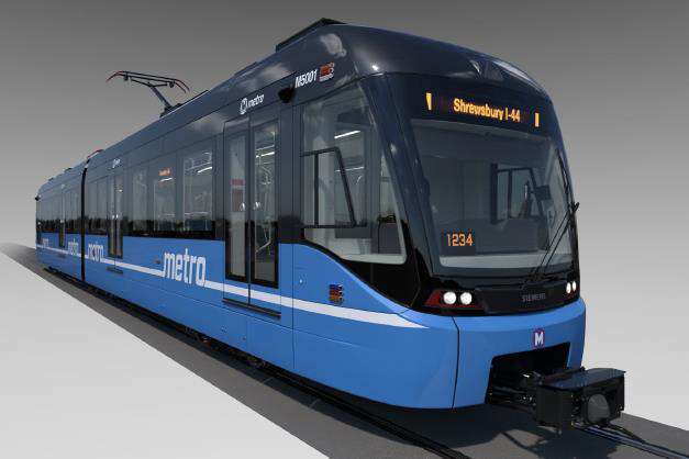 3D rendering of the front of a of next generation MetroLink train concept, seen in three-quarter-view from eye level