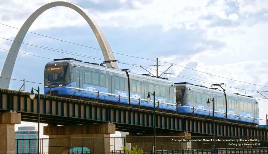 3D rendering of a next generation MetroLink vehicle going across the Mississippi river, with the Gateway Arch behind it