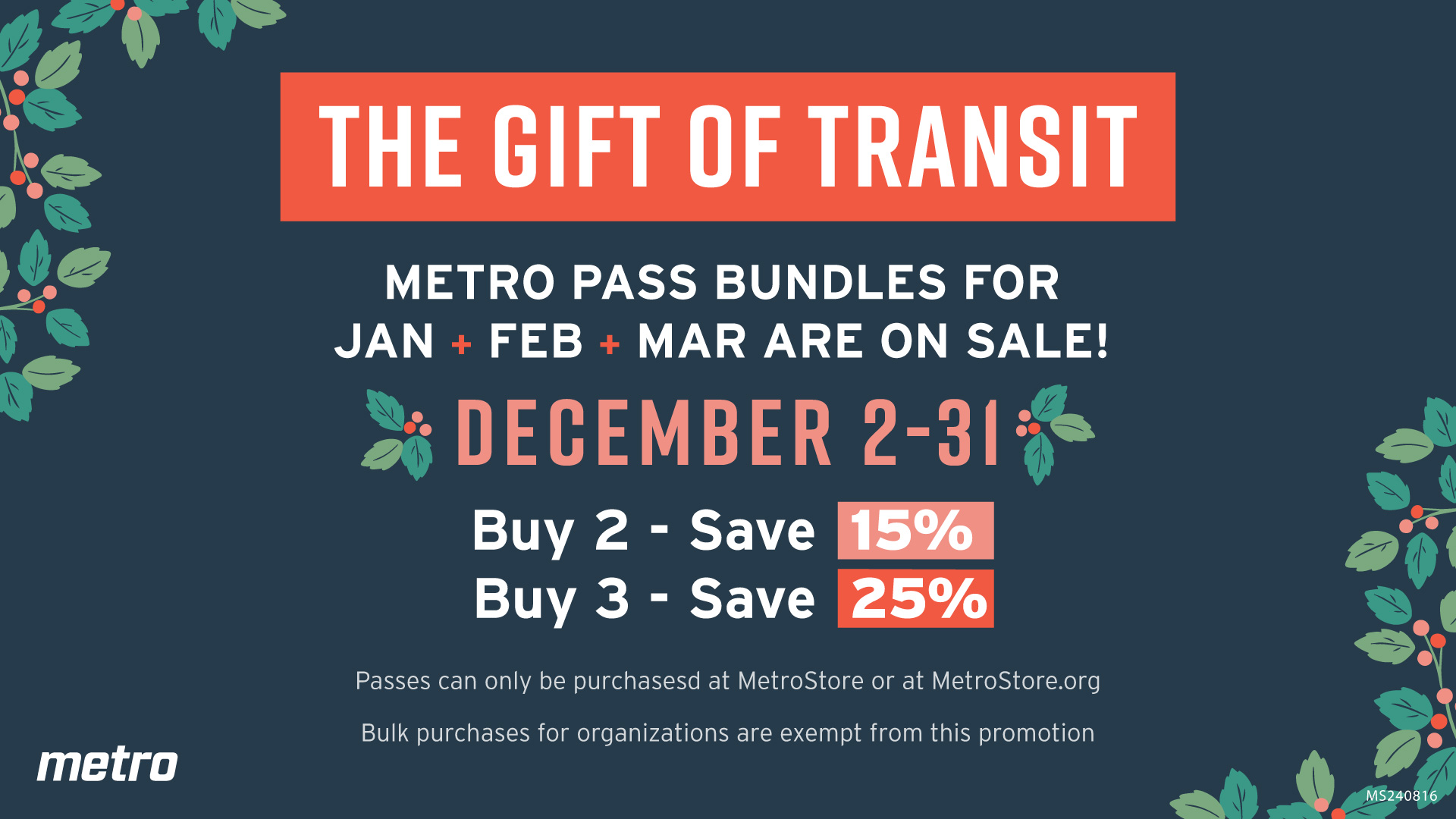 Graphic highlighting gift of transit pass discounts for December 2024