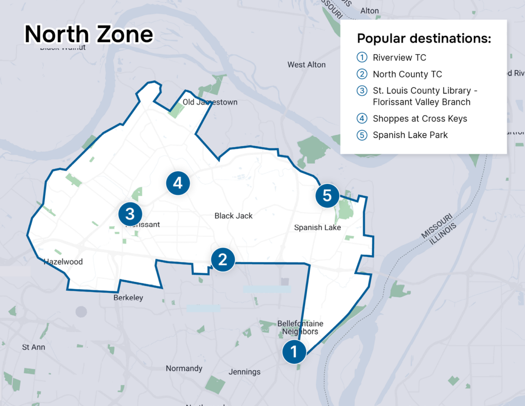 Via Metro STL North Zone service map effective January 5, 2025, that shows Via service available in most areas north of Interstate 270, but also including areas around North County and Riverview Transit Centers. The evening only zone in Ferguson, Dellwood and Castle Point has been discontinued and removed from this service map.