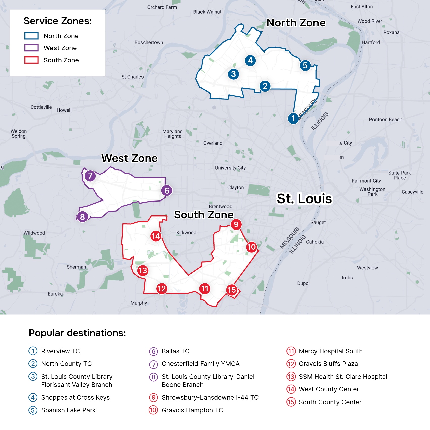 Map of Via Service Zones in St. Louis region